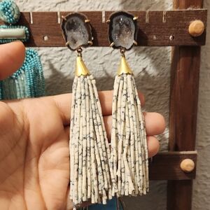 Geod Elegant Gold and Cream Tassel Earrings